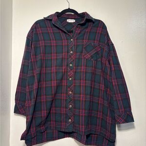 Lovers + Friends Oversized Red and Green Plaid Button Down Shirt